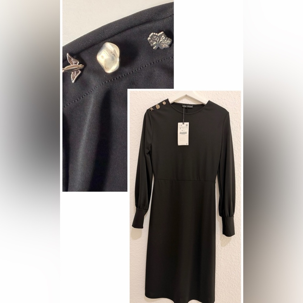 Zara Classic Black Long Sleeve Midi Dress Whimsical Hummingbird Button Detail